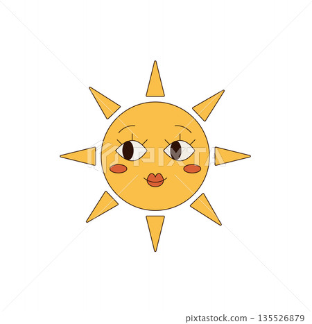Groovy retro sun sticker with happy face, yellow ray and smile, classic sunshine y2k character. Cheerful groovy element and sunshine symbol in trendy vintage pop summer style for creative mood. 135526879
