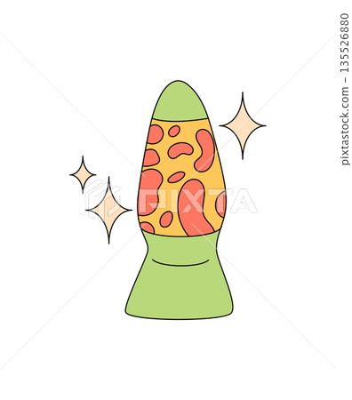 Groovy y2k cartoon lava lamp sticker in funky psychedelic and colorful style. Playful retro element with music and graphic vibe. Vibrant sticker perfect for creative projects or trendy accents. 135526880