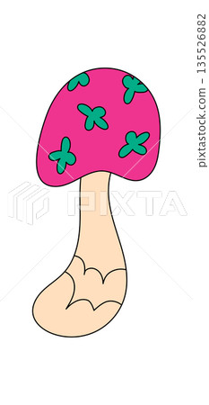 Groovy retro pink mushroom sticker cartoon in funky and psychedelic magic style. Shroom as colorful groovy element, playful art for y2k, trendy, pop or contemporary uses. Groovy retro pink mushroom sticker cartoon in funky and psychedelic magic style. Shroom as colorful groovy element, playful art for y2k, trendy, pop or contemporary uses. 135526882