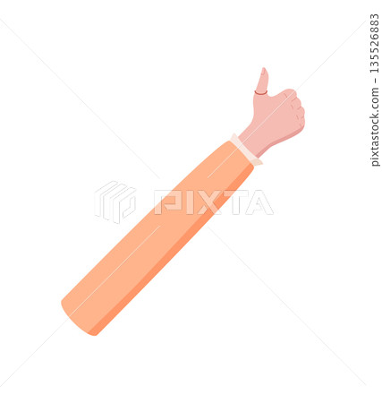 Flat style hand with index finger up. Human gesture for counting number one with raised forefinger. Simple graphic design clothed arm, isolated for educational use. 135526883