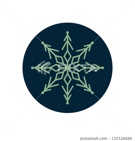 Round navy snowflake sticker icon with outline in cool ornament style. Winter symbol and xmas holiday design as circle label for christmas box with cold seasonal theme. 135526888