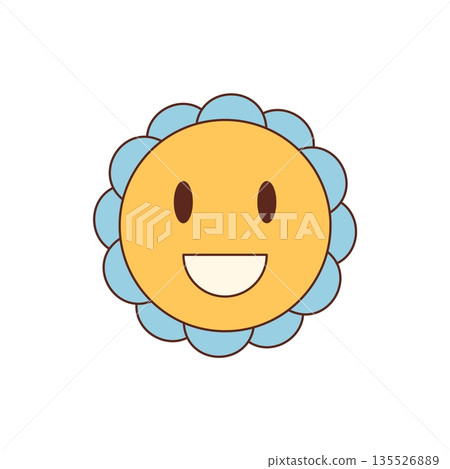 Groovy retro flower sticker in cute cartoon graphic style with a cheerful yellow and blue smiley. Happy groovy element for playful y2k mood, this design adds pop and charm to fun modern creative Groovy retro flower sticker in cute cartoon graphic style with a cheerful yellow and blue smiley. Happy groovy element for playful y2k mood, this design adds pop and charm to fun modern creative 135526889