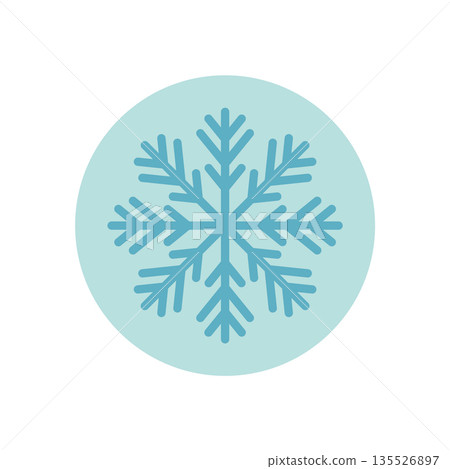 Blue circle snowflake sticker in flat icon style. Line ornament and cold ice label for box or winter ornament. Christmas chill flat snow flake symbol for gift or package. 135526897