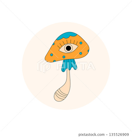 Groovy retro shroom style with psychedelic orange mushroom and bold eye, forms a playful sticker seal. Eye label on round lid and package, perfect as a trendy product accent. Groovy retro shroom style with psychedelic orange mushroom and bold eye, forms a playful sticker seal. Eye label on round lid and package, perfect as a trendy product accent. 135526909