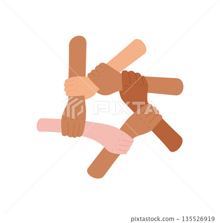 Hands together forming a solidarity symbol in flat style. Representation of diverse people, multicultural teamwork, and mutual support. Unity and equality concept for social community themes. Hands together forming a solidarity symbol in flat style. Representation of diverse people, multicultural teamwork, and mutual support. Unity and equality concept for social community themes. 135526919