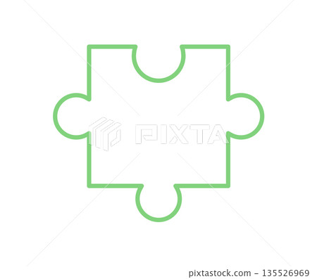 Flat jigsaw puzzle piece outline silhouette. Green graphic element in a boardgame or table game concept. Suitable for hobby, toy, and children activity designs. 135526969