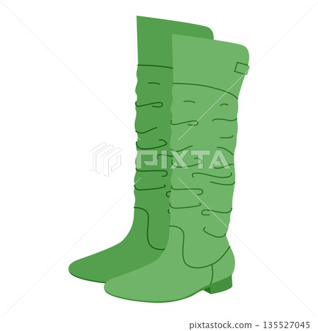 Green wrapped slouchy knee-high boot women flat pair. Ruched texture with buckle detail for festival bohemian. 135527045