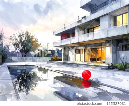 黃昏時分,寧靜的住宅區和水窪靜靜地佇立著。 黃昏時分,寧靜的住宅區和水窪靜靜地佇立著。 135527081