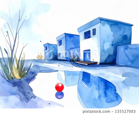 黃昏時分,寧靜的住宅區和水窪靜靜地佇立著。 黃昏時分,寧靜的住宅區和水窪靜靜地佇立著。 135527083