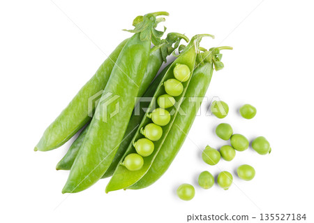 Open pea pod with green peas isolated on white background, healthy vegetables for diet and recipes Open pea pod with green peas isolated on white background, healthy vegetables for diet and recipes 135527184