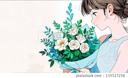 一位手捧花束的年輕女子側影,背景清新怡人。 一位手捧花束的年輕女子側影,背景清新怡人。 135527256