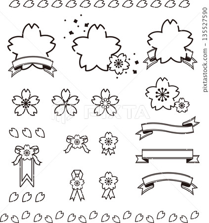Cherry blossom icon and ribbon decoration set. Vector illustration of header ribbon and frame. 135527590