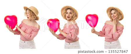 Set, Valentines Day, girl enjoying heart-shaped balloons, PNG Set, Valentines Day, girl enjoying heart-shaped balloons, PNG 135527847
