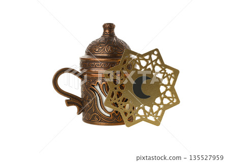 Arabic cup and star ornament with crescent moon, isolated, PNG Arabic cup and star ornament with crescent moon, isolated, PNG 135527959
