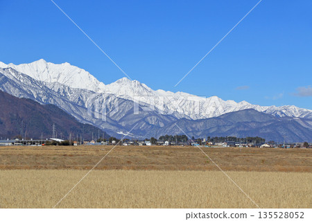Ushiro-Tateyama Mountain Range in the Northern Alps in winter seen from the foot of the mountain 135528052