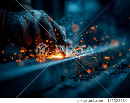 Sparks fly with skilled welding techniques and precision metalworking by craftsmen in local factories 135528384