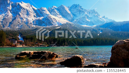 Mountain Landscape Serenity, Tranquil Alpine Scenery With Nature, Peaceful Mountain Scene With Lake And Trees Mountain Landscape Serenity, Tranquil Alpine Scenery With Nature, Peaceful Mountain Scene With Lake And Trees 135528445