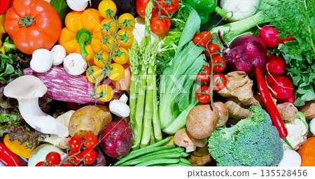 Colorful Assortment Of Fresh Vegetables, Vibrant Display Of Farmfresh Vegetables And Colorful Fruits 135528456