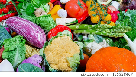 Vivid Farm Produce, Assorted Fresh Farm Vegetables Arranged On Rustic Surface For Seasonal Presentation 135528467