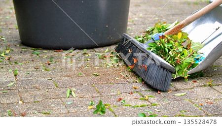 Cleaning Scene Displayed, Individual Performing Maintenance By Gathering Damp Foliage Into Dustpan 135528478