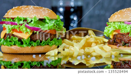 Delicious Burger Feast, Hearty American Style Cheeseburgers Served With Crispy Fries And Fresh Toppings 135528494