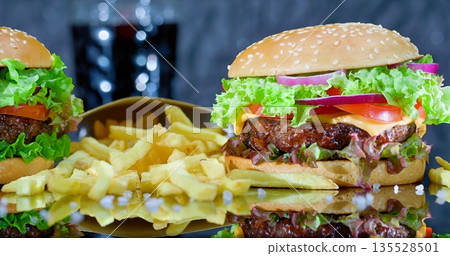 Juicy Cheesy Burger, Gourmet Double Cheeseburger Filled With Melted Cheese And Crispy Bacon Juicy Cheesy Burger, Gourmet Double Cheeseburger Filled With Melted Cheese And Crispy Bacon 135528501