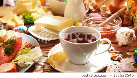 Traditional Breakfast Setup With Natural Ambiance, Elegant Rustic Setting For Peaceful Morning Meal Traditional Breakfast Setup With Natural Ambiance, Elegant Rustic Setting For Peaceful Morning Meal 135528540