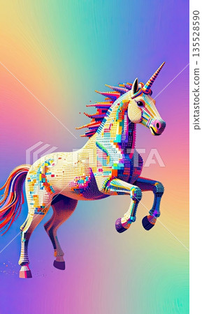 Colorful abstract unicorn rearing on rainbow gradient background illustration. 135528590