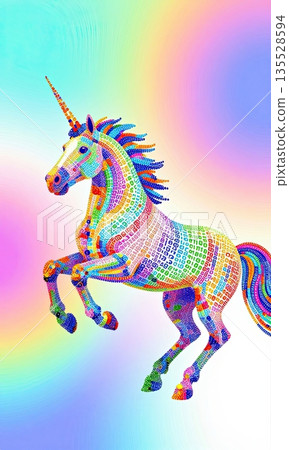 Colorful abstract unicorn rearing on rainbow gradient background illustration. 135528594
