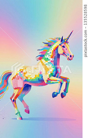 Colorful abstract unicorn rearing on rainbow gradient background illustration. 135528598