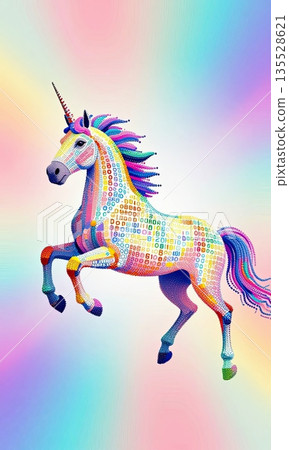 Colorful abstract unicorn rearing on rainbow gradient background illustration. 135528621