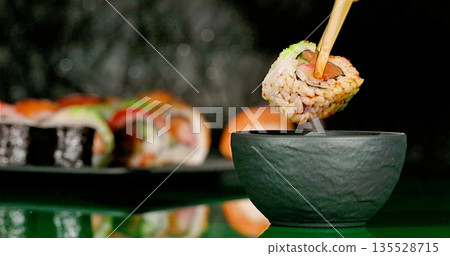 Close View Of Sushi Roll, Refined Scene Of Maki Roll Resting On Ceramic Plate Capturing Ambient Lighting Close View Of Sushi Roll, Refined Scene Of Maki Roll Resting On Ceramic Plate Capturing Ambient Lighting 135528715