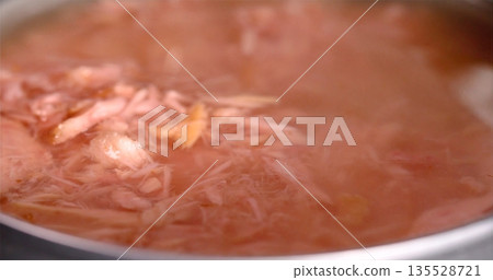 Warm Tuna In Tomato Broth, Homely Kitchen Scene Featuring Tender Tuna In Savory Tomato Sauce 135528721