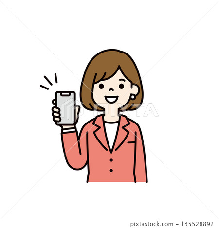 一位年輕女商人面帶微笑，展示她的智慧型手機螢幕的向量插圖（彩色） 135528892