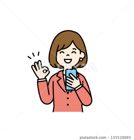 Vector illustration of a young businesswoman holding a smartphone and making an OK sign_Color 135528893