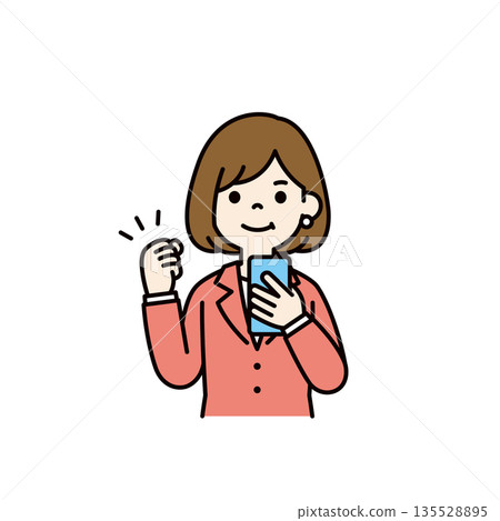 Vector illustration of a businesswoman holding a smartphone and making a fist pump_Color 135528895