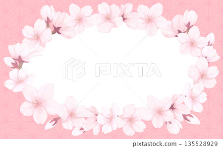 Hand-painted cherry blossom Japanese pattern oval frame_outer pink background Hand-painted cherry blossom Japanese pattern oval frame_outer pink background 135528929