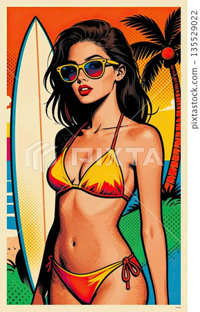 Pop Art Style Beautiful Surfer Girl Portrait with Surfboard on Tropical Beach. 135529022