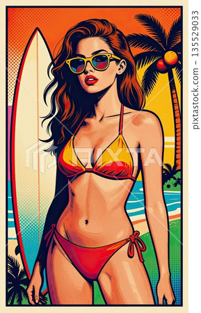 Pop Art Style Beautiful Surfer Girl Portrait with Surfboard on Tropical Beach. 135529033