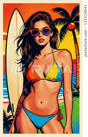 Pop Art Style Beautiful Surfer Girl Portrait with Surfboard on Tropical Beach. 135529041