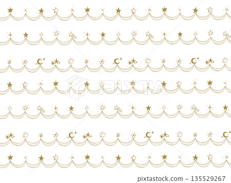 Hand-drawn gold star and moon garland-style horizontal border set, decorative lines, glitter, night sky, decoration Hand-drawn gold star and moon garland-style horizontal border set, decorative lines, glitter, night sky, decoration 135529267