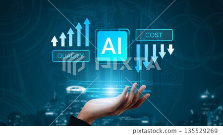Hand holding holographic interface displaying arrows indicating quality increase and cost decrease with AI emphasis representing technological advancement and innovation Gluon 135529269