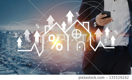Businessman Holding Smartphone with Real Estate Growth Graph and House Icons in Background, Symbolizing Market Trends and Housing Finance Gluon Businessman Holding Smartphone with Real Estate Growth Graph and House Icons in Background, Symbolizing Market Trends and Housing Finance Gluon 135529282