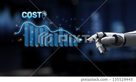 Futuristic robotic hand interacting with digitized financial chart showcasing cost reduction and data analysis in a corporate environment Synapse 135529443