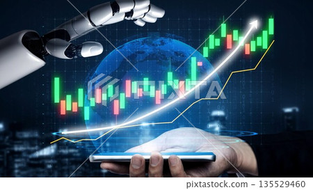 Futuristic robotic hand interacting with smartphone displaying stock market trends and digital interface over city skyline at night Copula 135529460