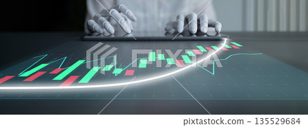 Futuristic hands of a robot interacting with a digital trading chart, displaying financial data analysis and stock market trends in a modern office setting Impute Futuristic hands of a robot interacting with a digital trading chart, displaying financial data analysis and stock market trends in a modern office setting Impute 135529684