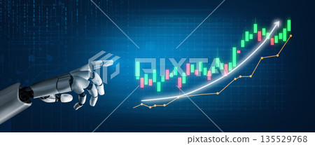 Futuristic Robotic Hand Pointing at Financial Growth with Graph and Chart Data in a Digital Interface Background Impute Futuristic Robotic Hand Pointing at Financial Growth with Graph and Chart Data in a Digital Interface Background Impute 135529768