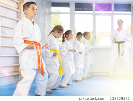 Young karate students gather in dojo Young karate students gather in dojo 135529851