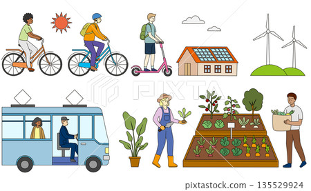 Illustration set of diverse people using sustainable society and renewable energy Illustration set of diverse people using sustainable society and renewable energy 135529924
