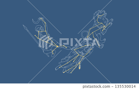 Illustration of the Spring Triangle floating on a navy background (white constellation line, gold constellation line) 135530014